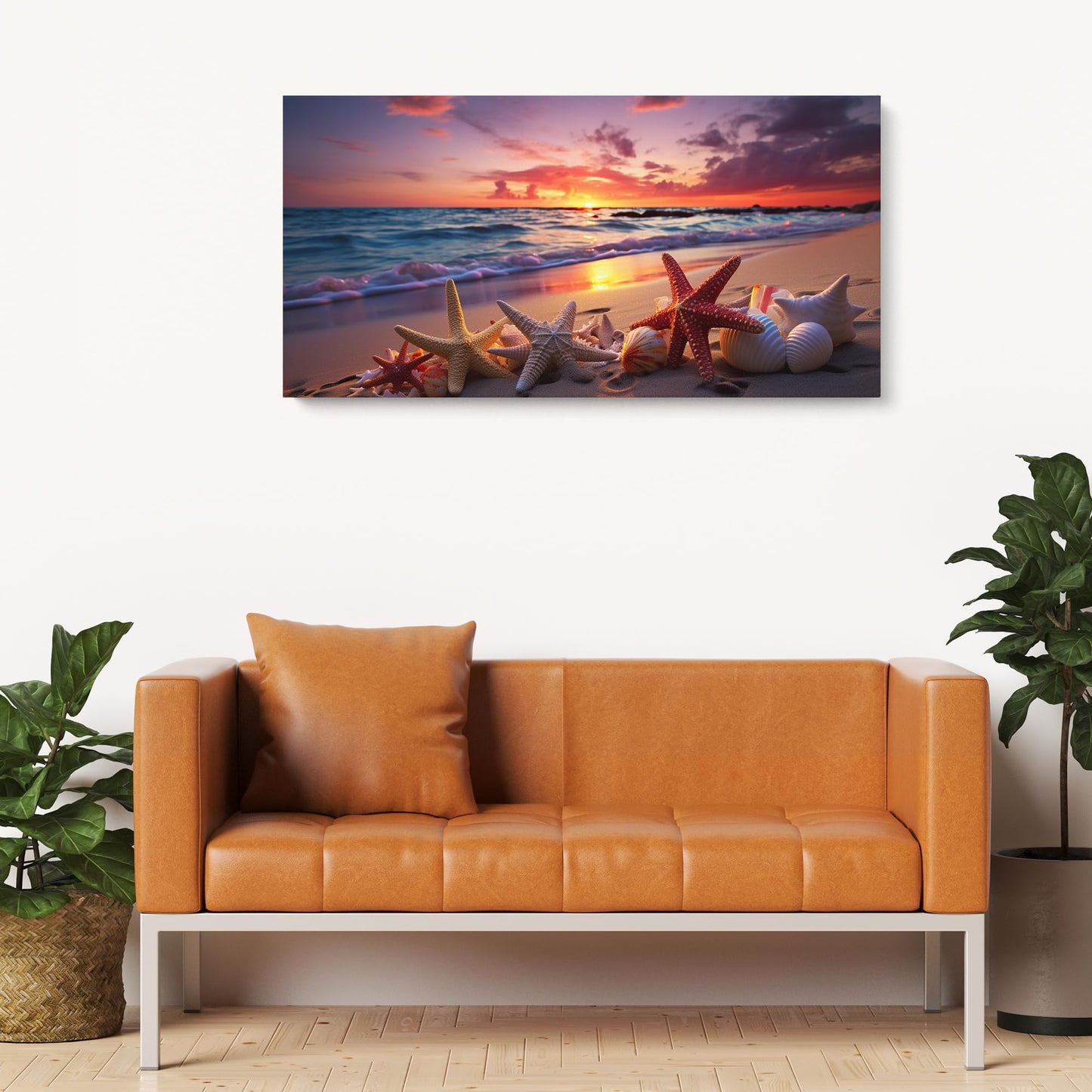Starfish and Seashells at Beach Sunset Painting Framed Canvas Print Beach Painting, Seashells Artwork for Home and Bedroom (30x15inches)