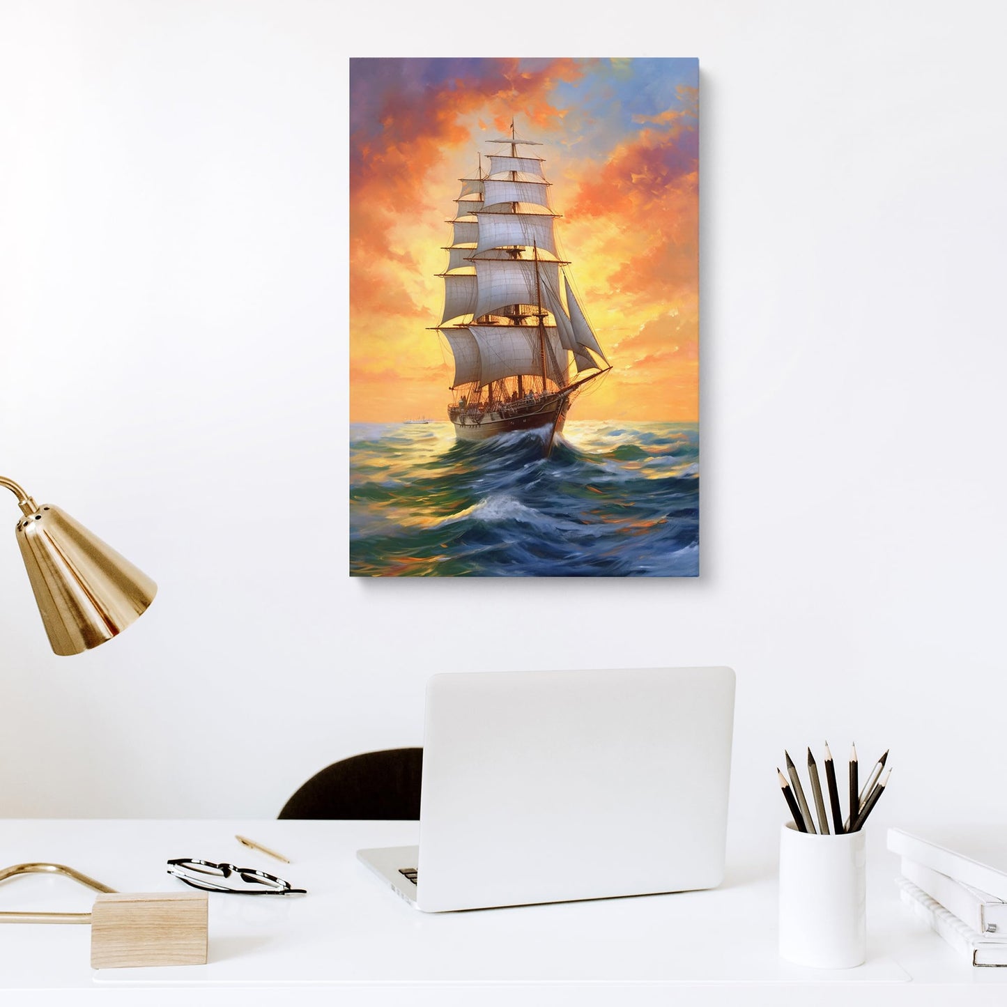Room Decor Wall Art Galleon Sailboat Picture Golden Sunset Canvas Print Ship Painting Framed Beautiful Artwork Galleon Sail Ship for Home Bedroom (40x20inches)