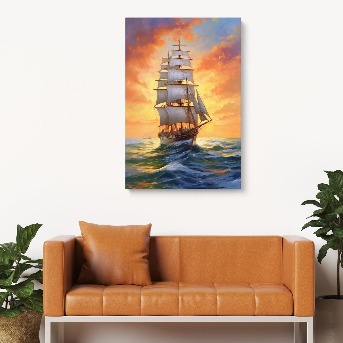 Room Decor Wall Art Galleon Sailboat Picture Golden Sunset Canvas Print Ship Painting Framed Beautiful Artwork Galleon Sail Ship for Home Bedroom (40x20inches)