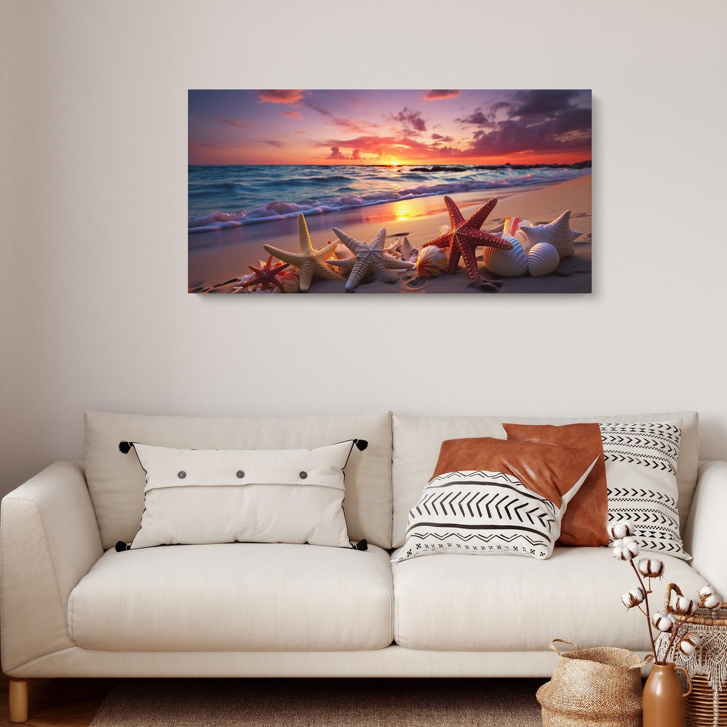 Starfish and Seashells at Beach Sunset Painting Framed Canvas Print Beach Painting, Seashells Artwork for Home and Bedroom (30x15inches)