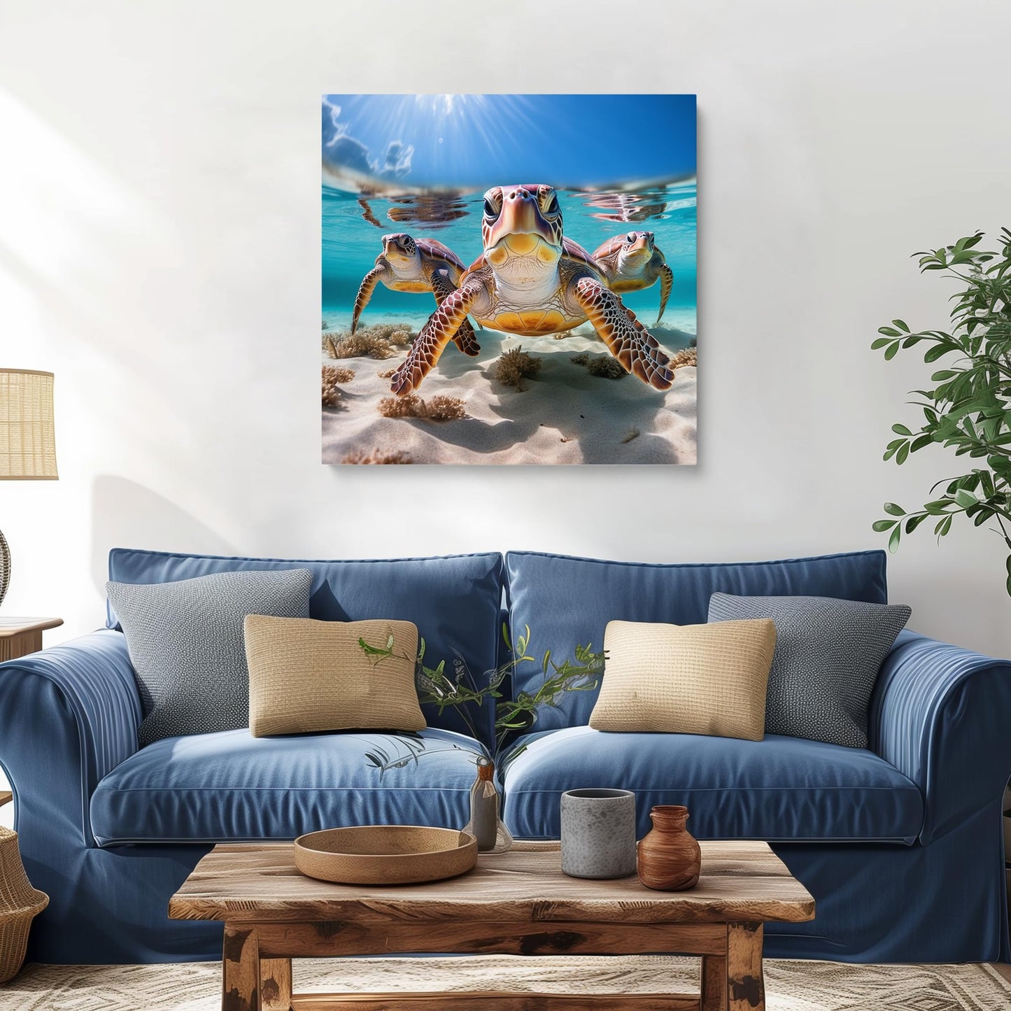 Room Decor Sea Turtles Painting Canvas Print Modern Beautiful Sea Turtles Artwork Framed Painting of Sea Turtles for Home Bedroom (19x19inch)