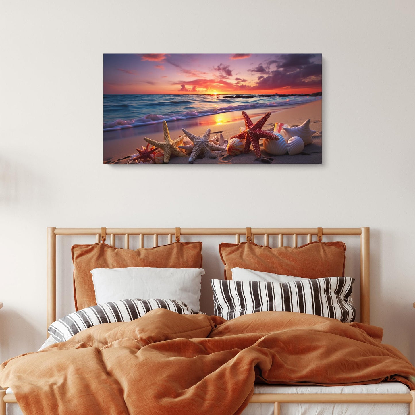 Starfish and Seashells at Beach Sunset Painting Framed Canvas Print Beach Painting, Seashells Artwork for Home and Bedroom (30x15inches)