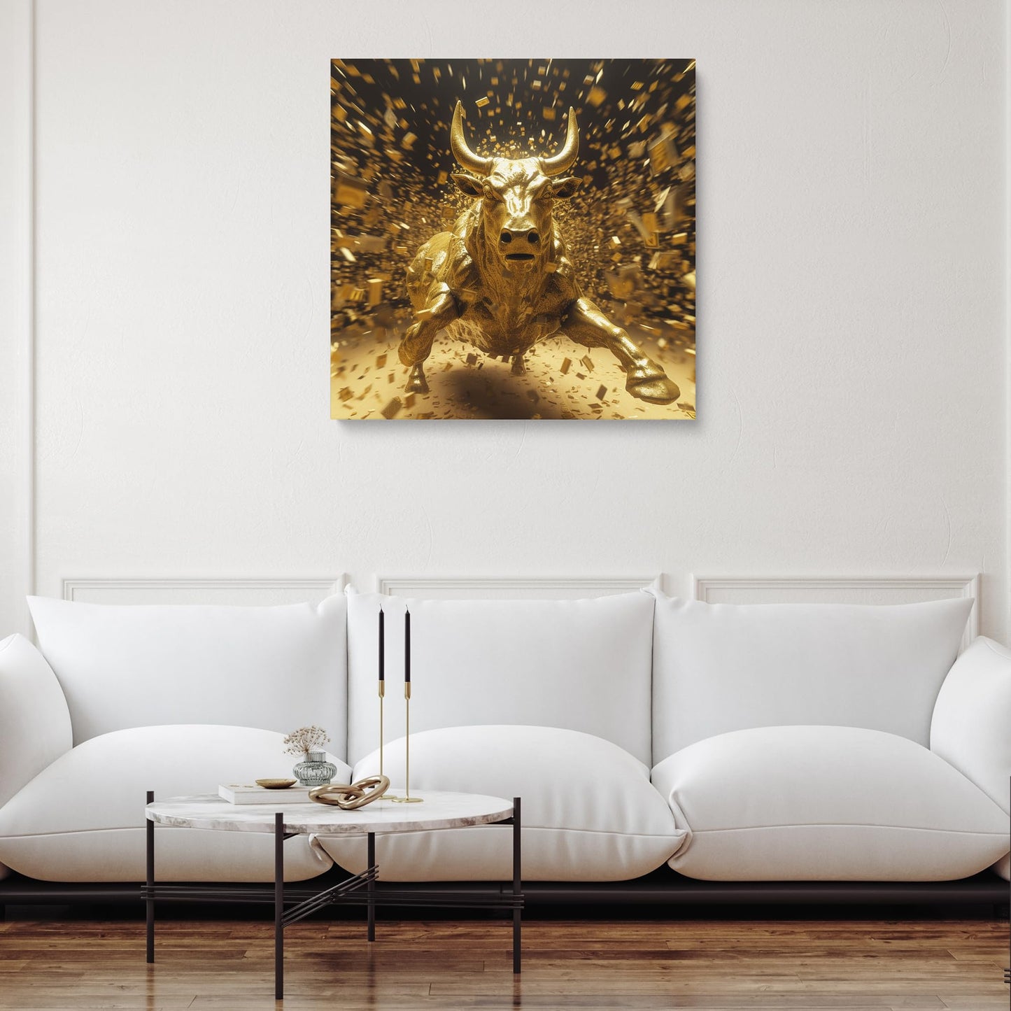 Room Decor Wall Art Bull Picture Golden Wall Street Bull Canvas Print Modern Coastal Bull Painting Framed Beautiful Artwork Wall St Bull for Home Bedroom 19x19inch