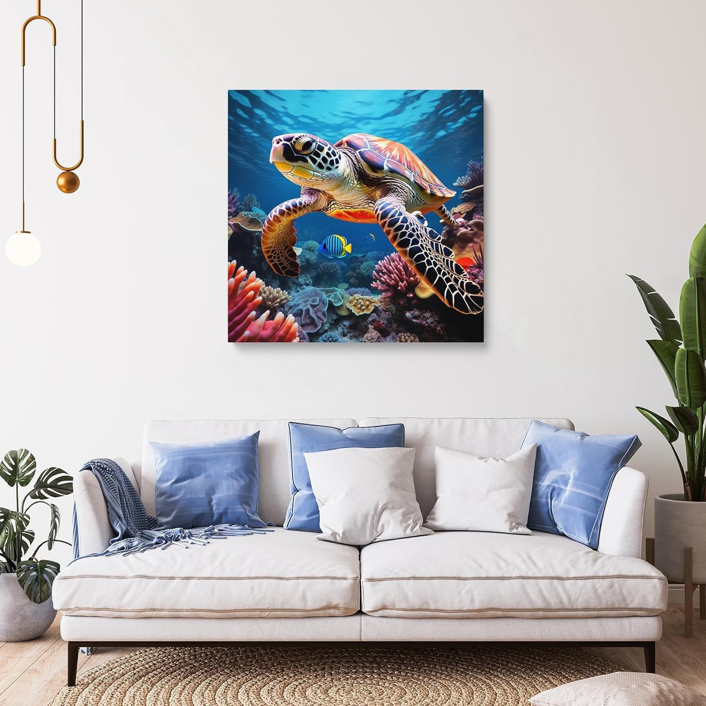 Room Decor Painting Of A Sea Turtle Artwork Canvas Print Modern Beautiful Artwork Framed Sea Turtle Painting for Home Bedroom (19x19inch)