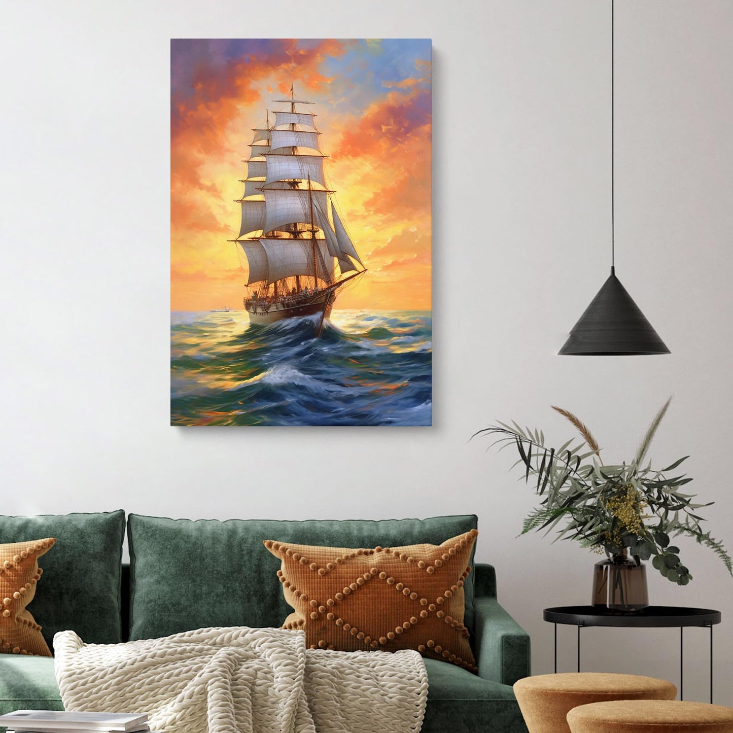 Room Decor Wall Art Galleon Sailboat Picture Golden Sunset Canvas Print Ship Painting Framed Beautiful Artwork Galleon Sail Ship for Home Bedroom (40x20inches)