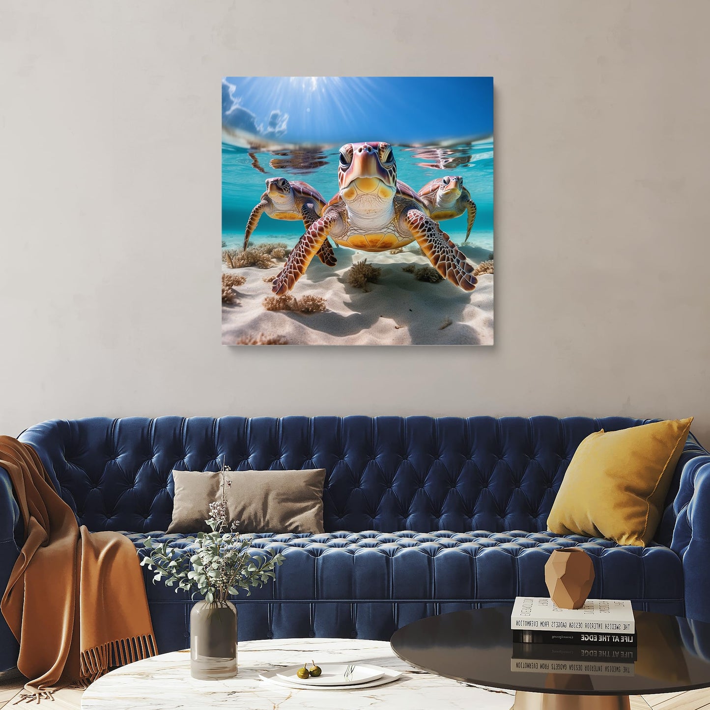 Room Decor Sea Turtles Painting Canvas Print Modern Beautiful Sea Turtles Artwork Framed Painting of Sea Turtles for Home Bedroom (19x19inch)