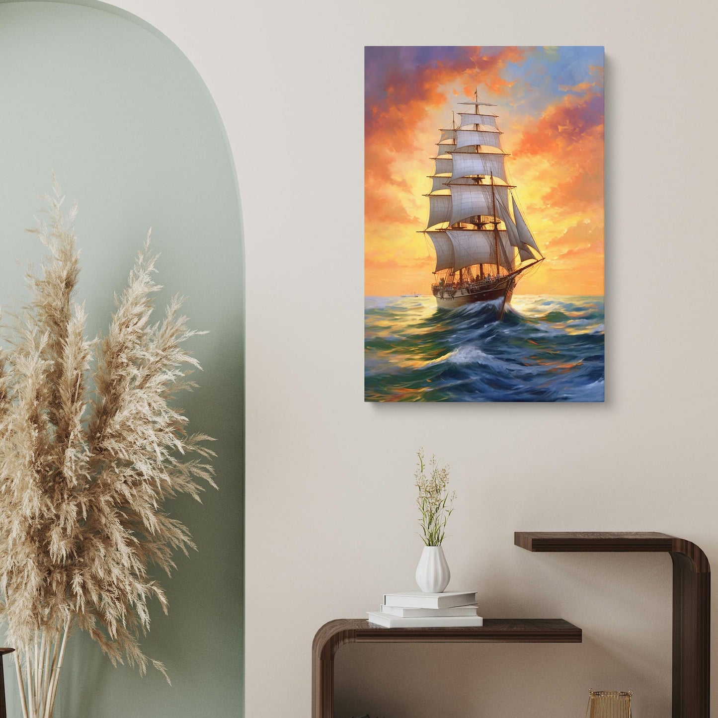 Room Decor Wall Art Galleon Sailboat Picture Golden Sunset Canvas Print Ship Painting Framed Beautiful Artwork Galleon Sail Ship for Home Bedroom (40x20inches)