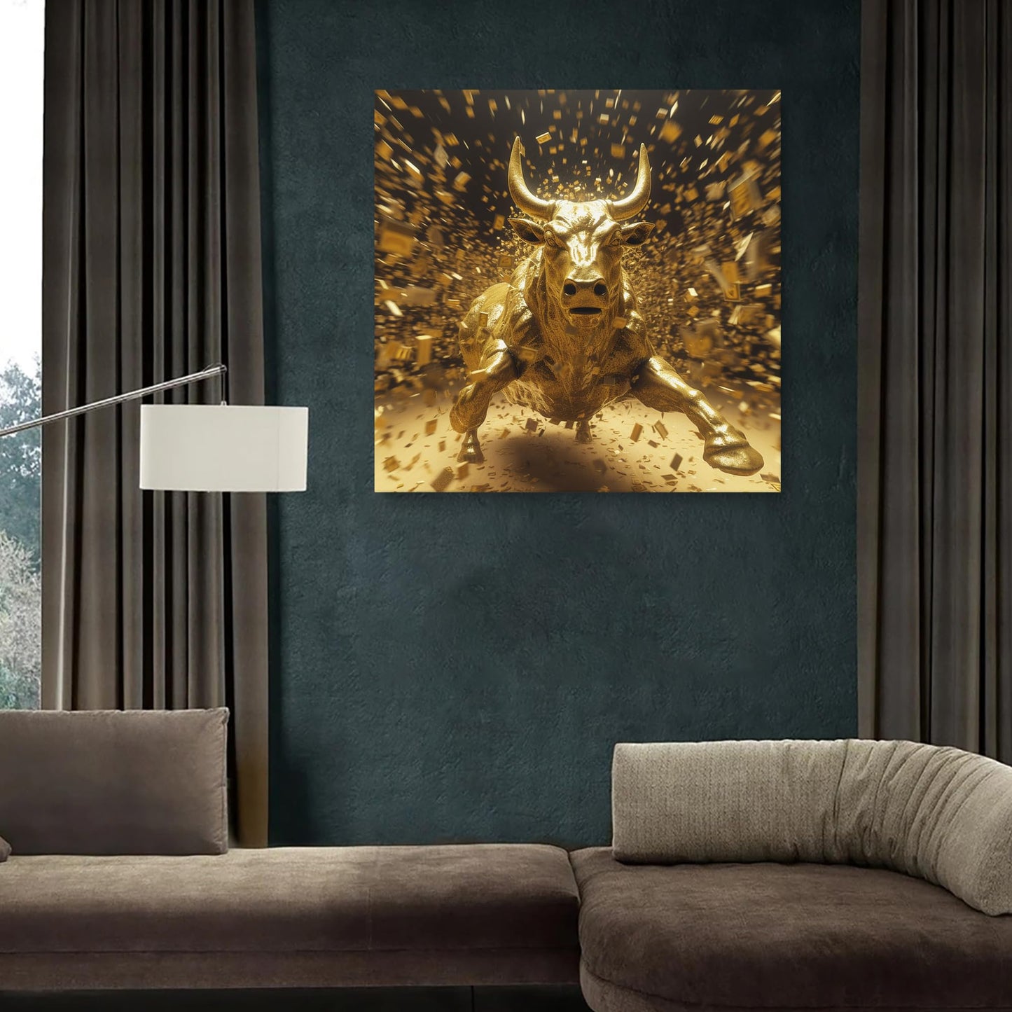 Room Decor Wall Art Bull Picture Golden Wall Street Bull Canvas Print Modern Coastal Bull Painting Framed Beautiful Artwork Wall St Bull for Home Bedroom 19x19inch