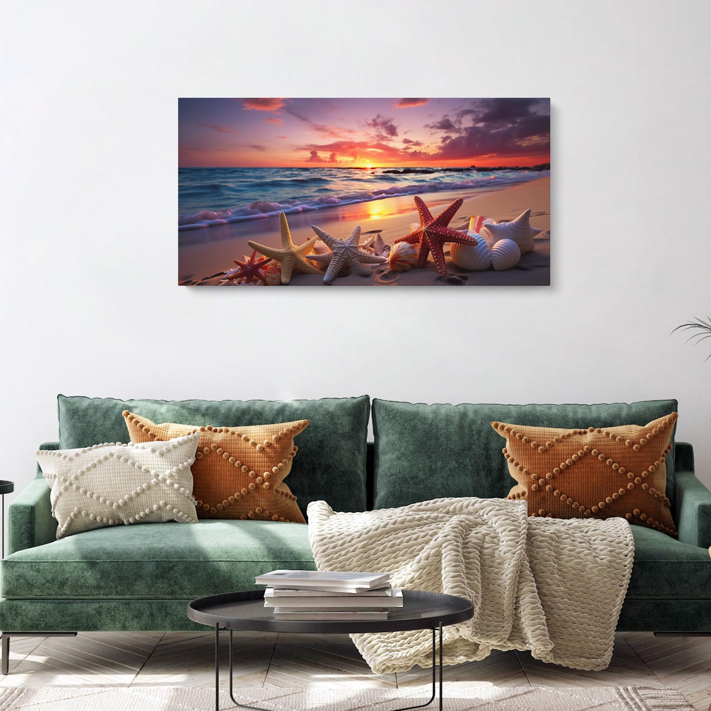 Starfish and Seashells at Beach Sunset Painting Framed Canvas Print Beach Painting, Seashells Artwork for Home and Bedroom (30x15inches)