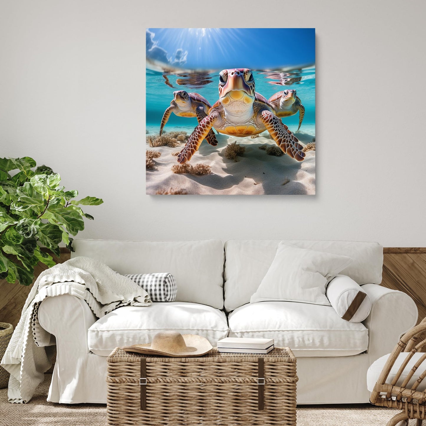 Room Decor Sea Turtles Painting Canvas Print Modern Beautiful Sea Turtles Artwork Framed Painting of Sea Turtles for Home Bedroom (19x19inch)