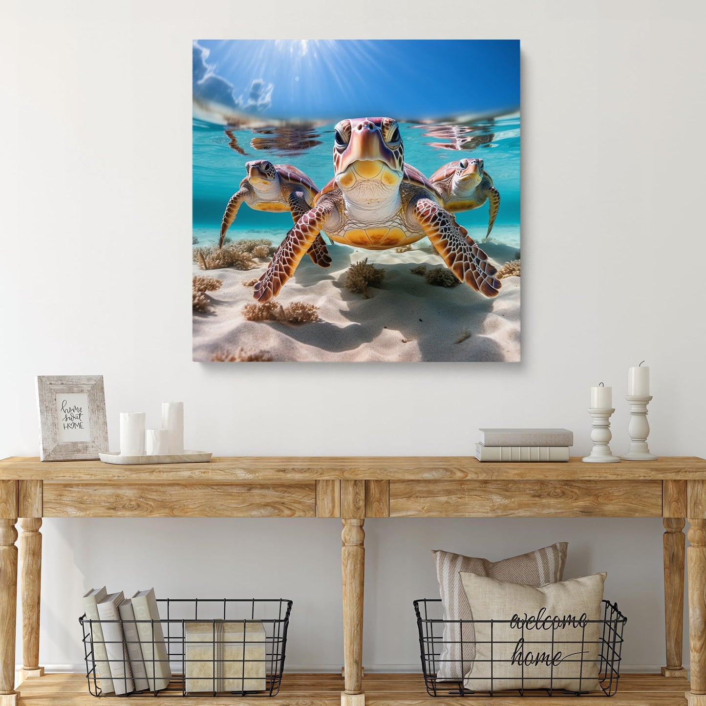 Room Decor Sea Turtles Painting Canvas Print Modern Beautiful Sea Turtles Artwork Framed Painting of Sea Turtles for Home Bedroom (19x19inch)
