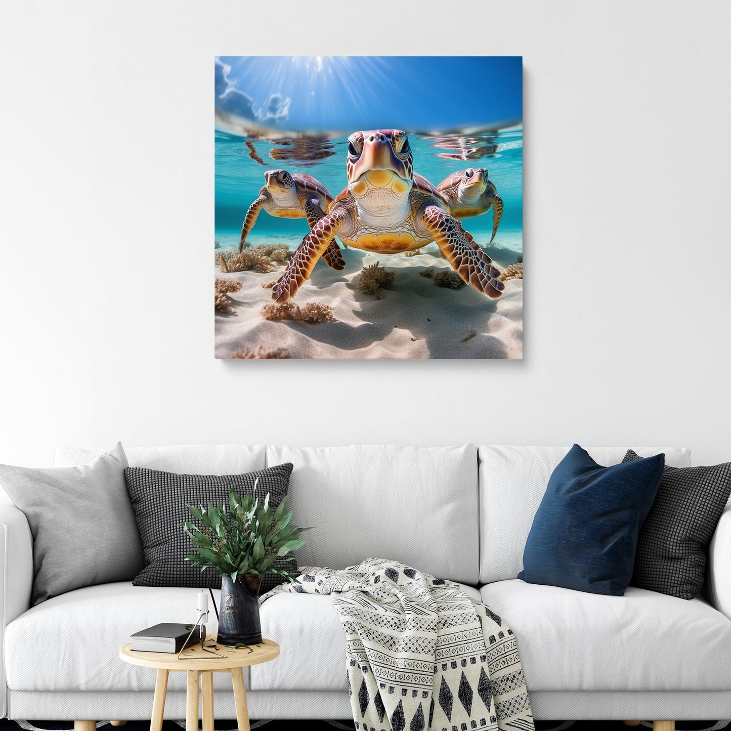 Room Decor Sea Turtles Painting Canvas Print Modern Beautiful Sea Turtles Artwork Framed Painting of Sea Turtles for Home Bedroom (19x19inch)