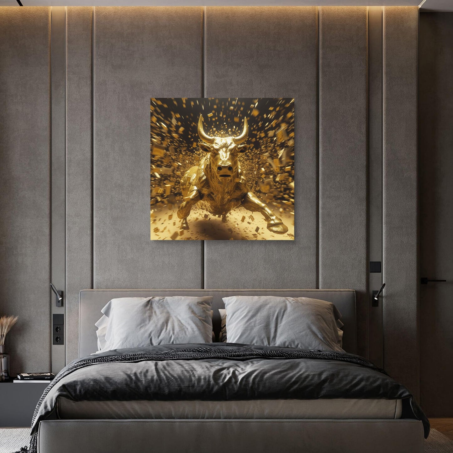 Room Decor Wall Art Bull Picture Golden Wall Street Bull Canvas Print Modern Coastal Bull Painting Framed Beautiful Artwork Wall St Bull for Home Bedroom 19x19inch