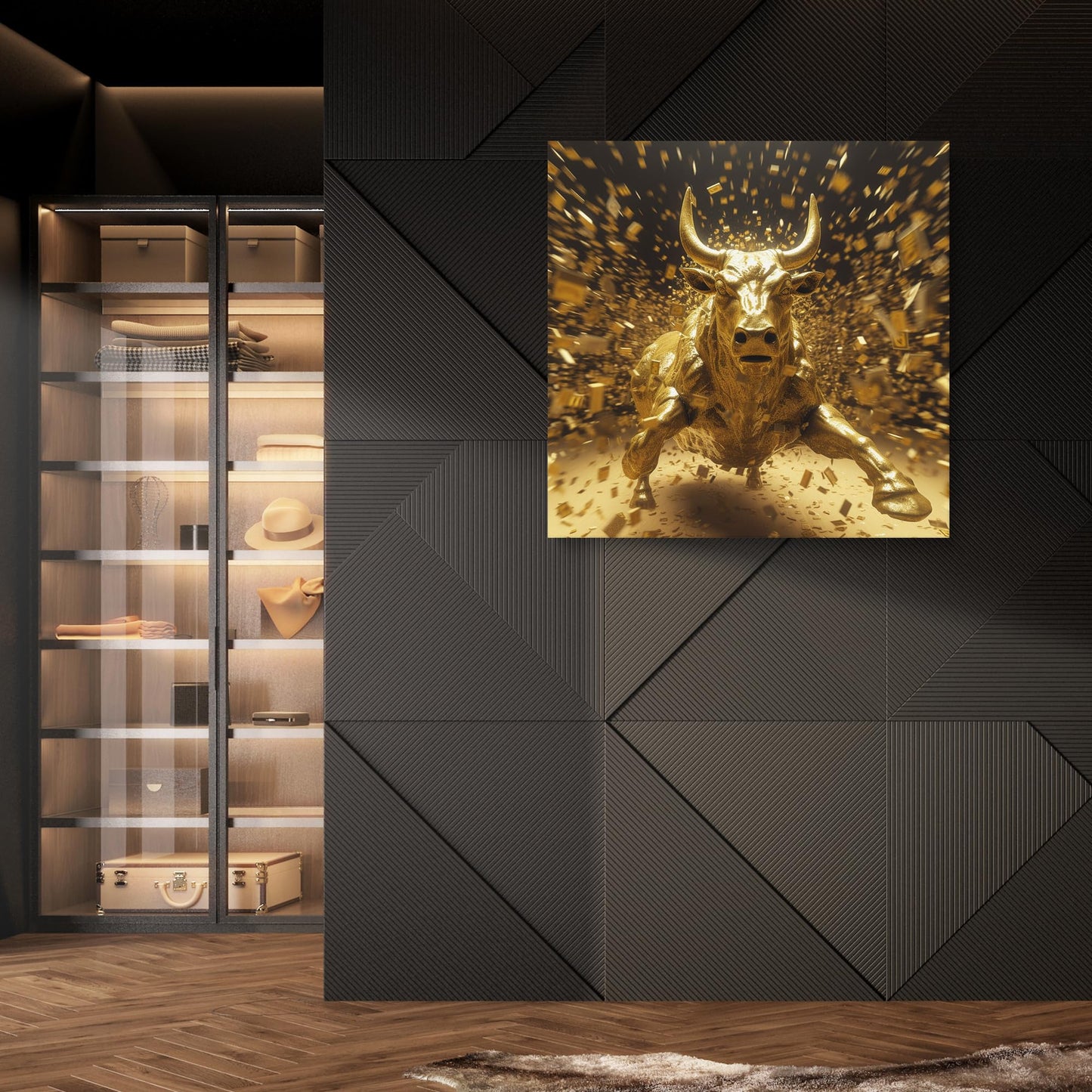 Room Decor Wall Art Bull Picture Golden Wall Street Bull Canvas Print Modern Coastal Bull Painting Framed Beautiful Artwork Wall St Bull for Home Bedroom 19x19inch
