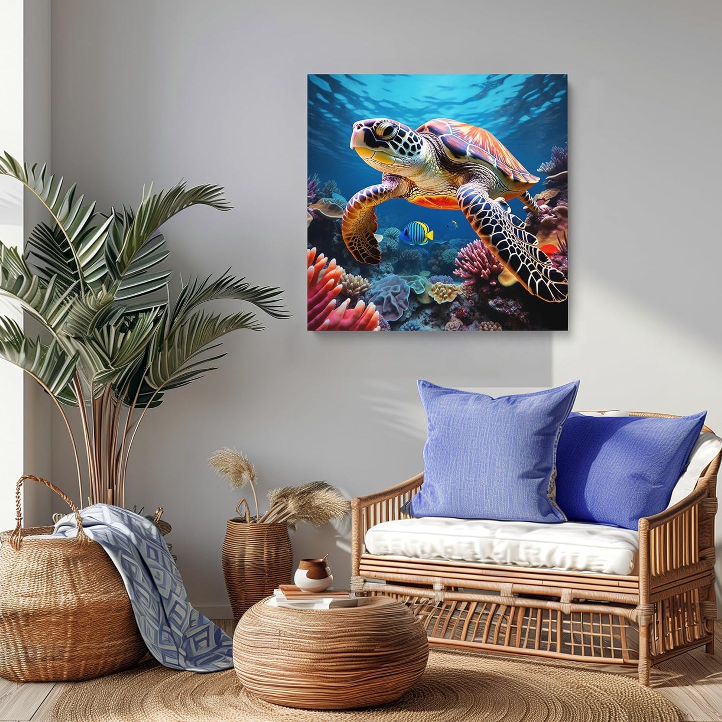 Room Decor Painting Of A Sea Turtle Artwork Canvas Print Modern Beautiful Artwork Framed Sea Turtle Painting for Home Bedroom (19x19inch)