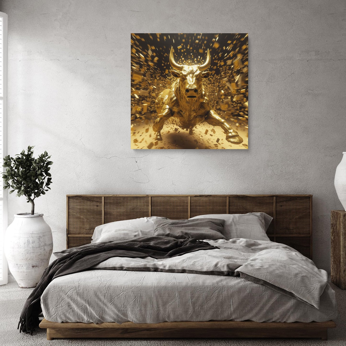 Room Decor Wall Art Bull Picture Golden Wall Street Bull Canvas Print Modern Coastal Bull Painting Framed Beautiful Artwork Wall St Bull for Home Bedroom 19x19inch