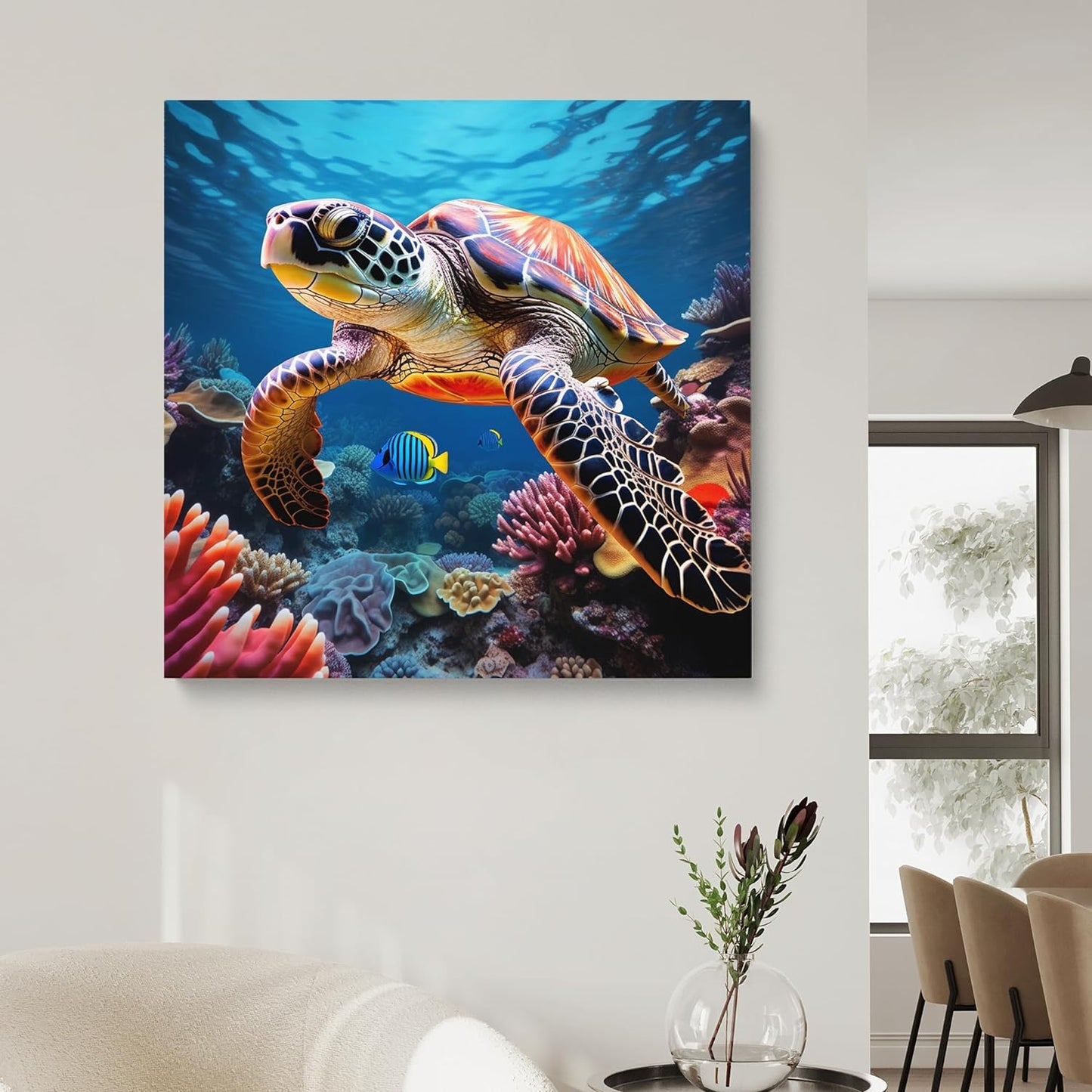 Room Decor Painting Of A Sea Turtle Artwork Canvas Print Modern Beautiful Artwork Framed Sea Turtle Painting for Home Bedroom (19x19inch)